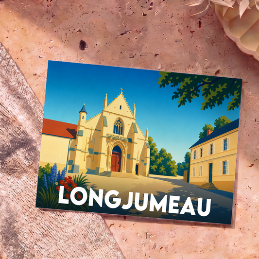 Carte postale souvenir de la ville de Longjumeau avec une illustration stylisée d'une église sous un ciel bleu.