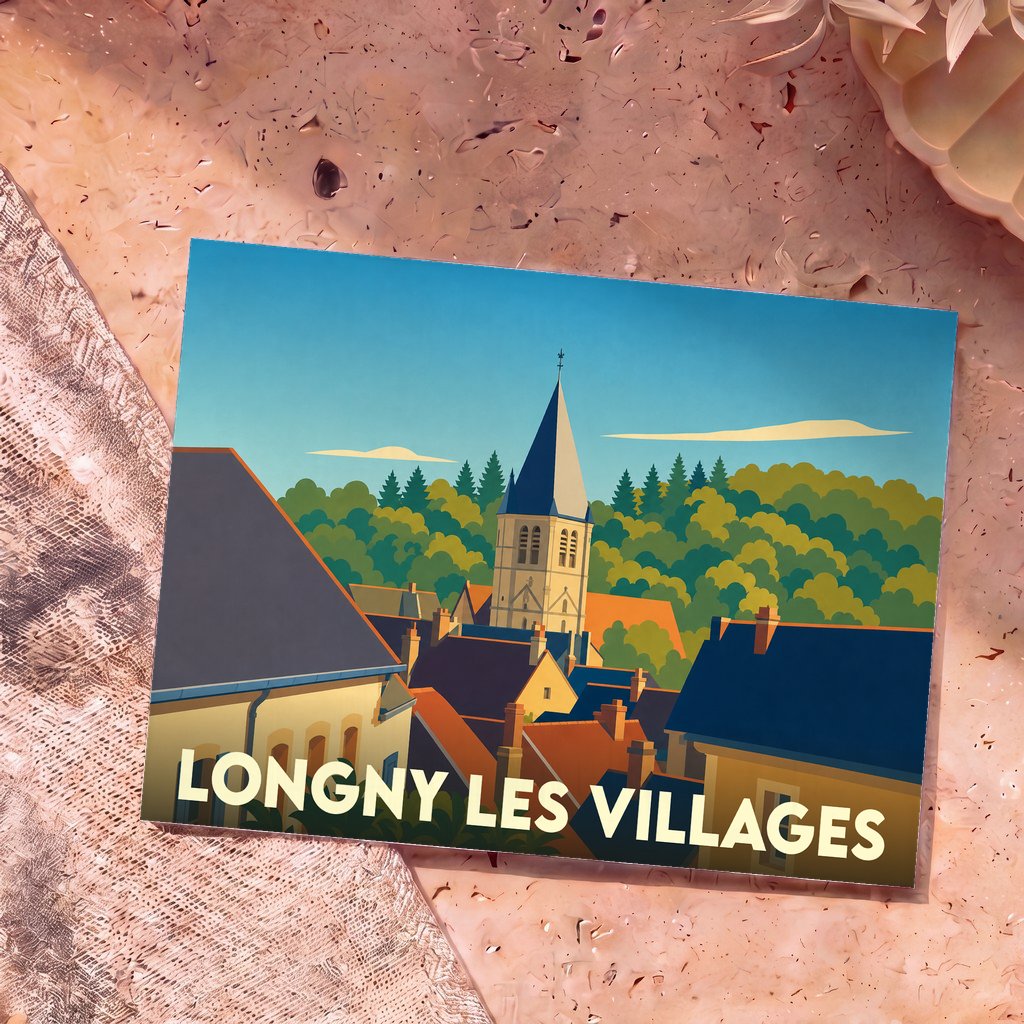 Carte postale souvenir de la commune de Longny les Villages arborant une illustration stylisée de son église et de ses toits.