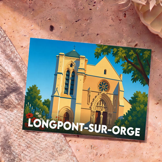 Carte postale souvenir de la ville de Longpont-sur-Orge avec une illustration stylisée de sa basilique.