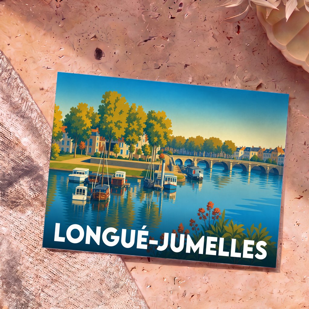 Carte postale souvenir de la ville de Longué-Jumelles arborant une illustration stylisée de ses bords de rivière avec bateaux et pont.