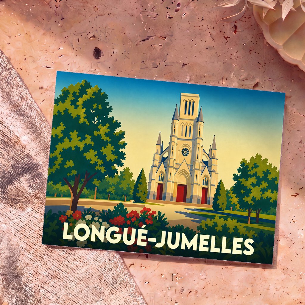 Carte postale souvenir de la ville de Longué-Jumelles avec une illustration stylisée de son église et de son parc.