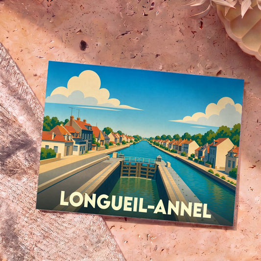 Carte postale souvenir de la ville de Longueil-Annel avec une illustration stylisée de ses canaux et écluses.