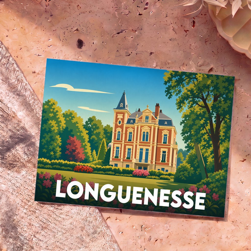 Carte postale souvenir de la ville de Longuenesse arborant une illustration stylisée d'un manoir entouré de jardins.