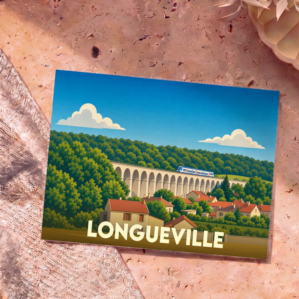 Carte postale souvenir de la ville de Longueville avec une illustration stylisée d'un train traversant un viaduc surplombant le village.