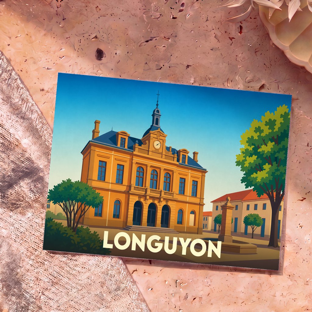 Carte postale souvenir de la ville de Longuyon avec une illustration stylisée de son hôtel de ville.