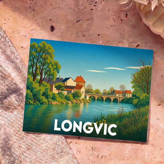 Carte postale souvenir de la ville de Longvic avec une illustration stylisée d'un paysage fluvial et de son pont.