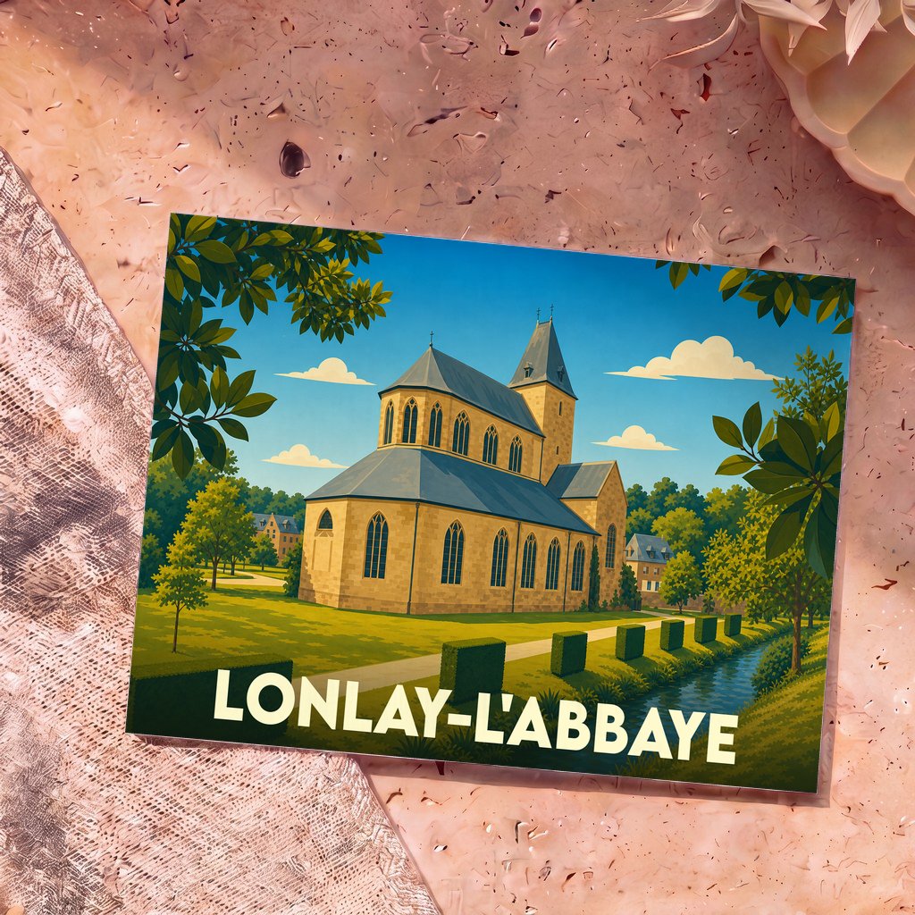 Carte postale souvenir de la ville de Lonlay-l'Abbaye avec une illustration stylisée de son abbaye.