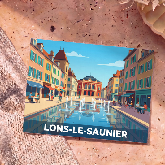 Carte postale souvenir de la ville de Lons-le-Saunier avec une illustration stylisée de la place de la Liberté.