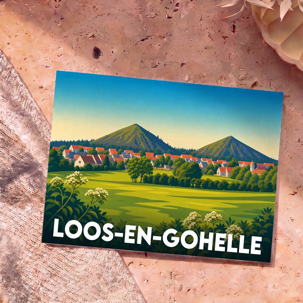 Carte postale souvenir de la ville de Loos-en-Gohelle avec une illustration stylisée de ses terrils jumeaux.