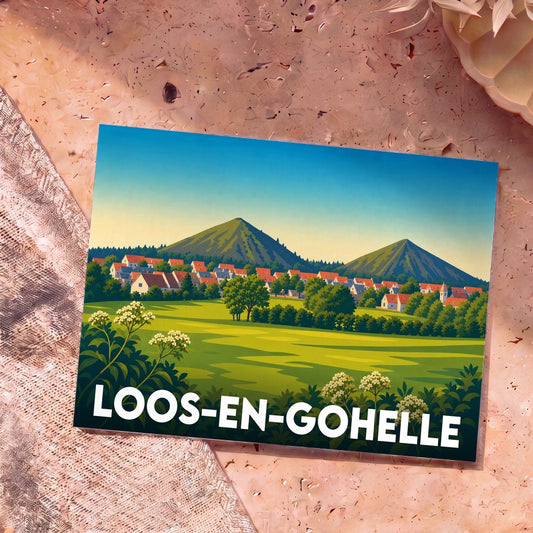 Carte postale souvenir de la ville de Loos-en-Gohelle avec une illustration stylisée de ses terrils jumeaux.