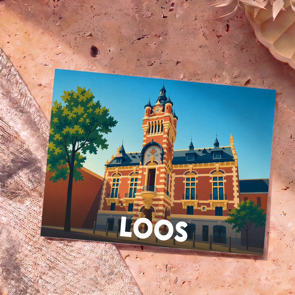 Carte postale souvenir de la ville de Loos avec une illustration stylisée de son hôtel de ville.