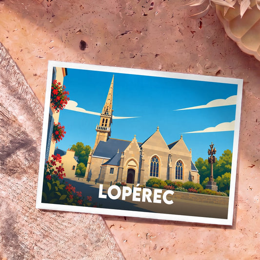 Carte postale souvenir de la ville de Lopérec avec une illustration stylisée de son église.