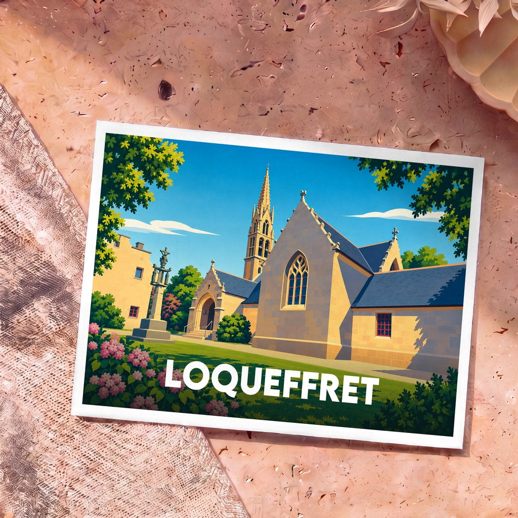Carte postale souvenir de la ville de Loqueffret avec une illustration stylisée de son église.