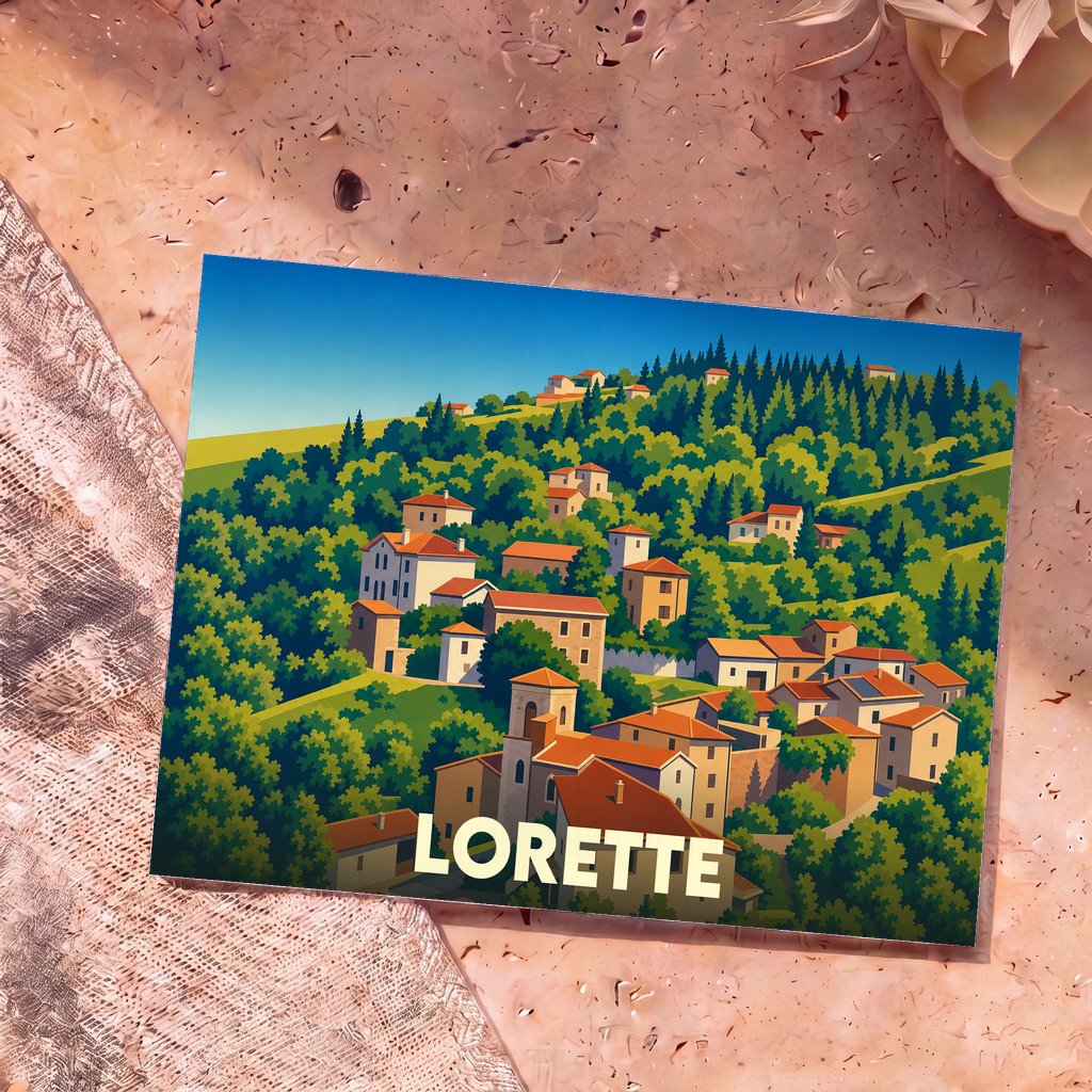Carte postale souvenir de la ville de Lorette avec une illustration stylisée d'un village vallonné.