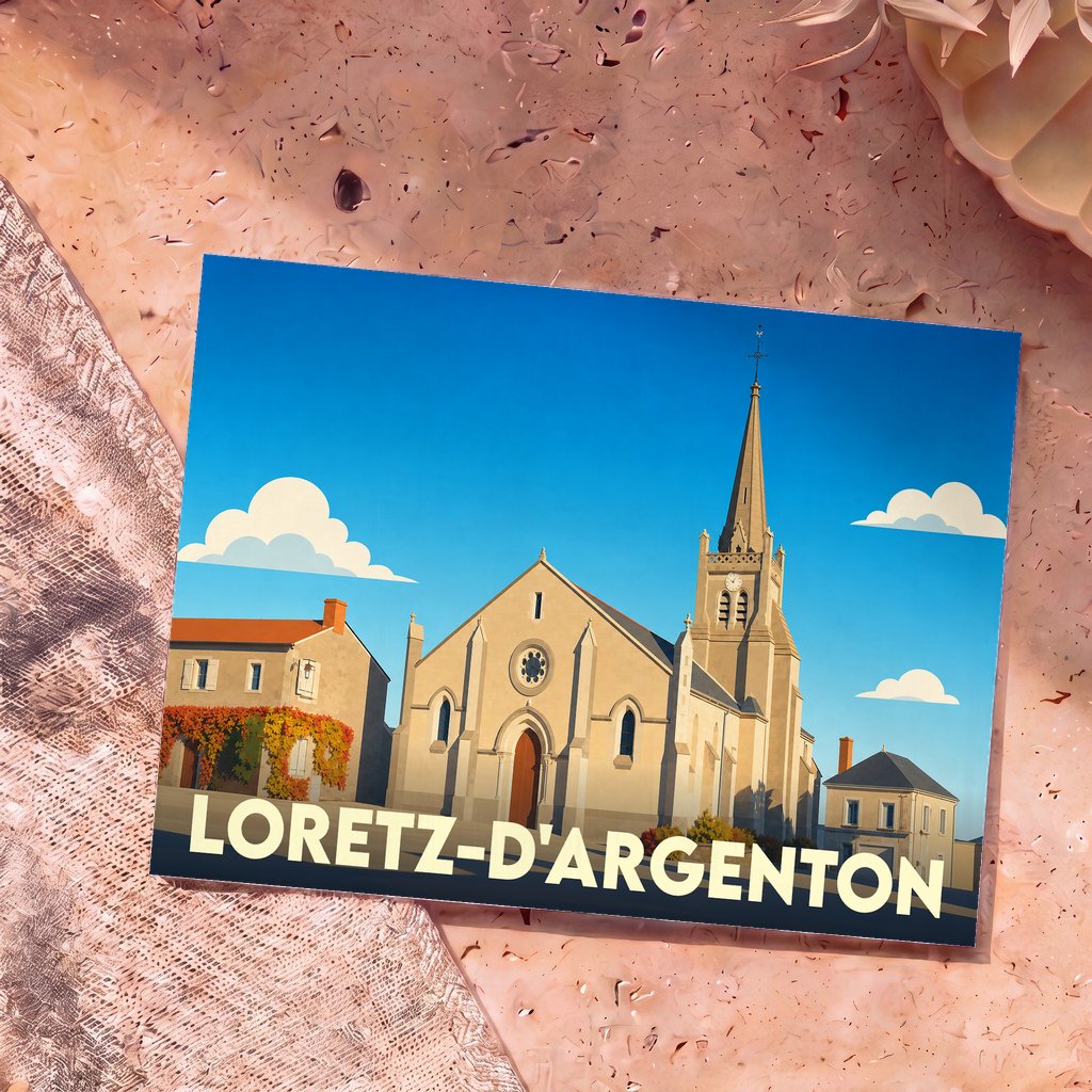 Carte postale souvenir de la ville de Loretz-d'Argenton avec une illustration stylisée de son église.