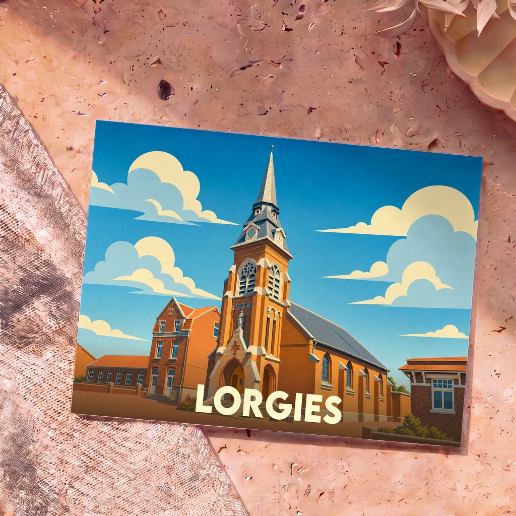 Carte postale souvenir de la ville de Lorgies avec une illustration stylisée de son église.