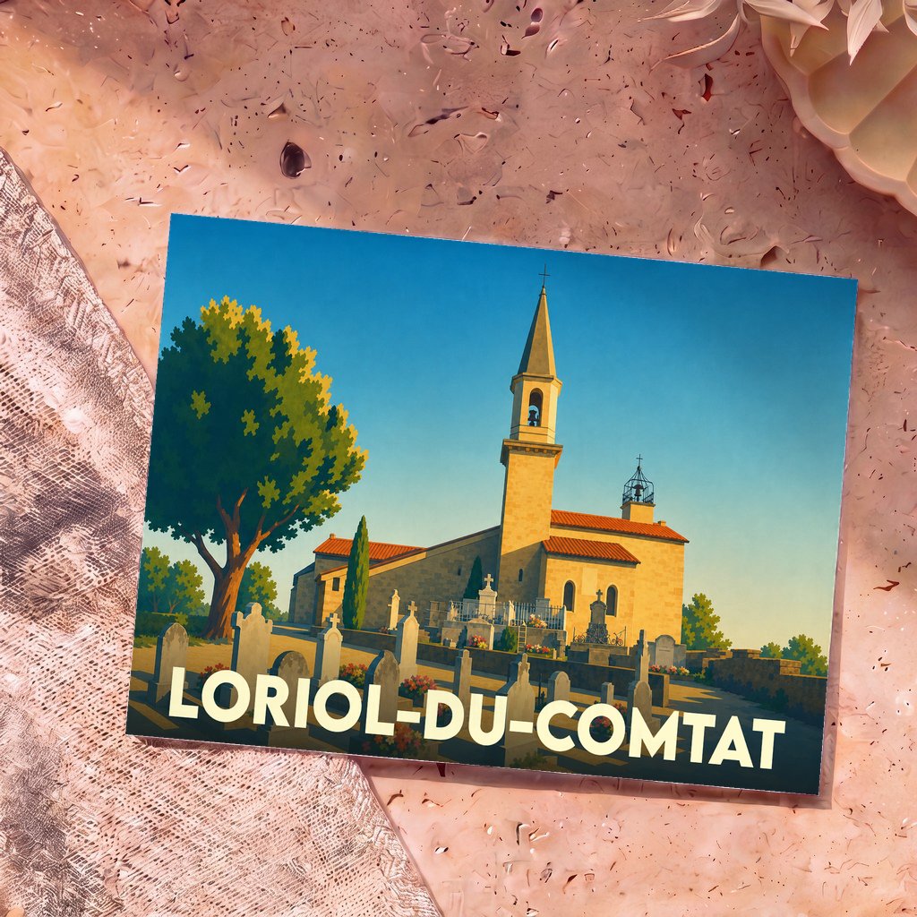 Carte postale souvenir de la ville de Loriol-du-Comtat avec une illustration stylisée de son église et son cimetière.