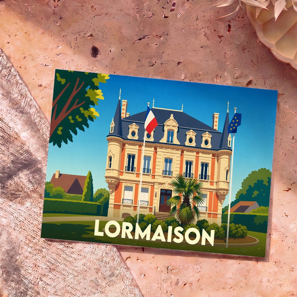 Carte postale souvenir de la ville de Lormaison illustrant sa mairie dans un style graphique et coloré.