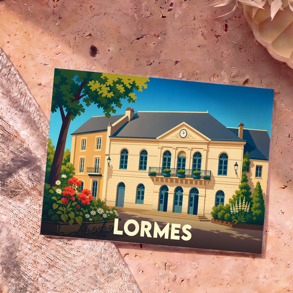Carte postale souvenir de la ville de Lormes avec une illustration stylisée de son hôtel de ville.