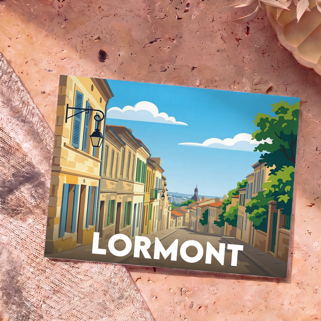 Carte postale souvenir de la ville de Lormont avec une illustration stylisée de ses rues pittoresques.