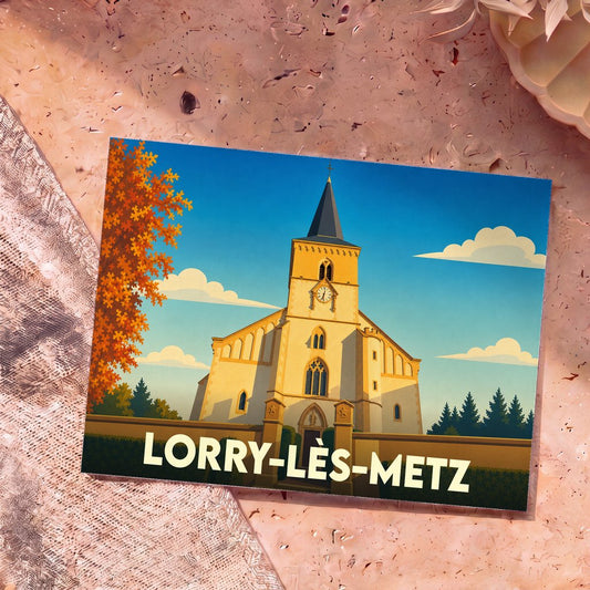 Carte postale souvenir de la ville de Lorry-lès-Metz illustrant son église dans un style graphique épuré.