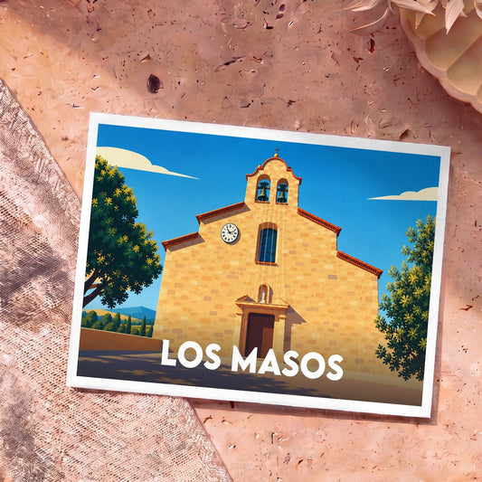 Carte postale souvenir de la ville de Los Masos illustrant son église sous un ciel bleu.