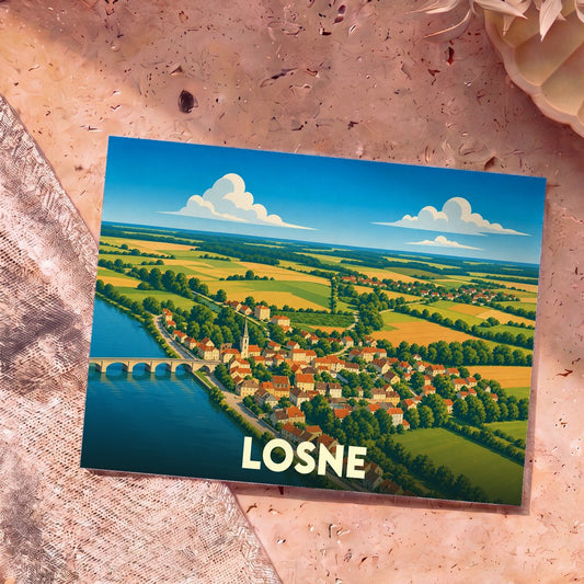 Carte postale souvenir de la ville de Losne avec une illustration stylisée vue du ciel représentant le village et son pont au bord de l'eau.