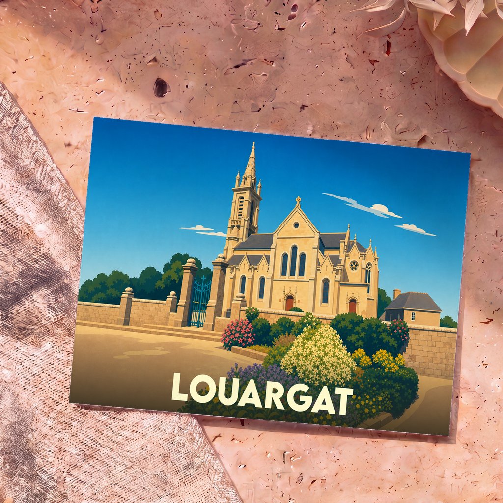 Carte postale souvenir de la ville de Louargat avec une illustration stylisée de son église et de ses jardins.