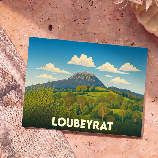 Carte postale souvenir de Loubeyrat avec une illustration stylisée d'un paysage de collines verdoyantes surplombées par un volcan.