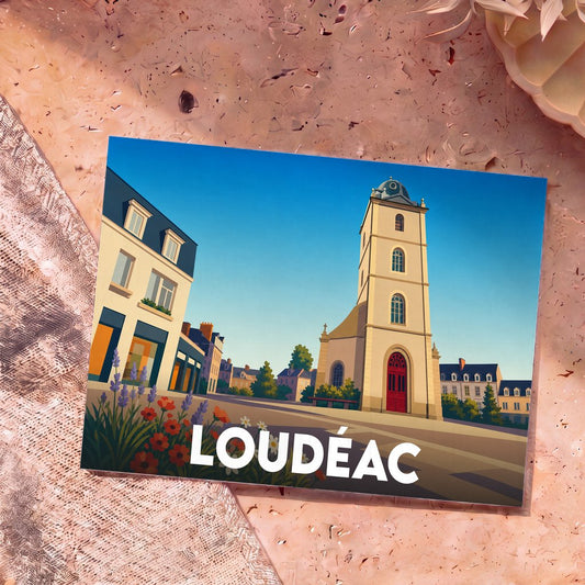 Carte postale souvenir de la ville de Loudéac avec une illustration stylisée montrant son église et ses bâtiments typiques.