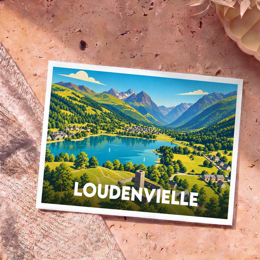 Carte postale souvenir de la ville de Loudenvielle avec une illustration stylisée de son lac et des montagnes.