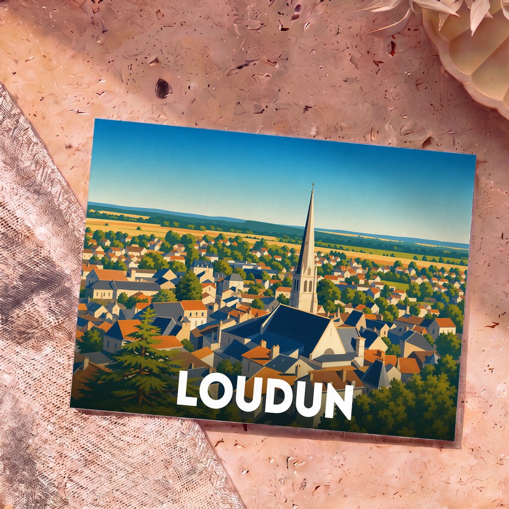 Carte postale souvenir de la ville de Loudun présentant une vue panoramique illustrée et colorée.