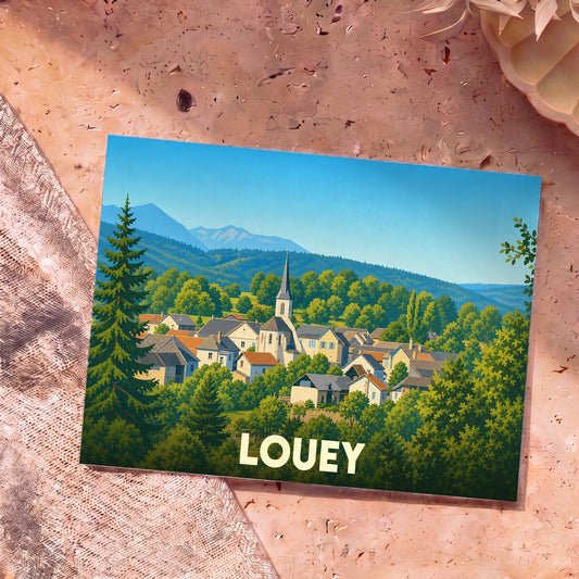 Carte postale souvenir de la ville de Louey avec une illustration stylisée d'un village de montagne.