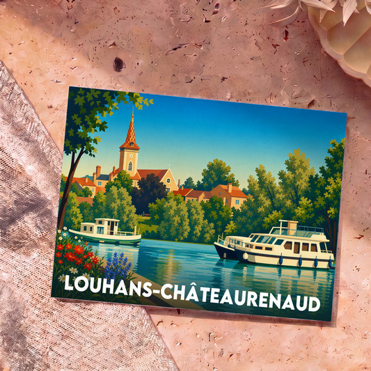 Carte postale souvenir de la ville de Louhans-Châteaurenaud avec une illustration stylisée d'un paysage fluvial.