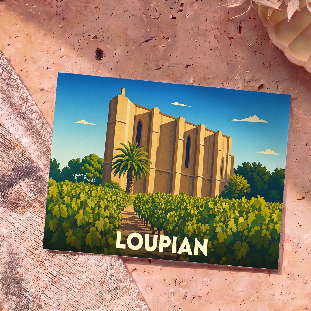 Carte postale souvenir de la ville de Loupian avec une illustration stylisée d'un bâtiment historique au milieu des vignes.