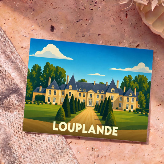 Carte postale souvenir de la ville de Louplande avec une illustration stylisée de son château.