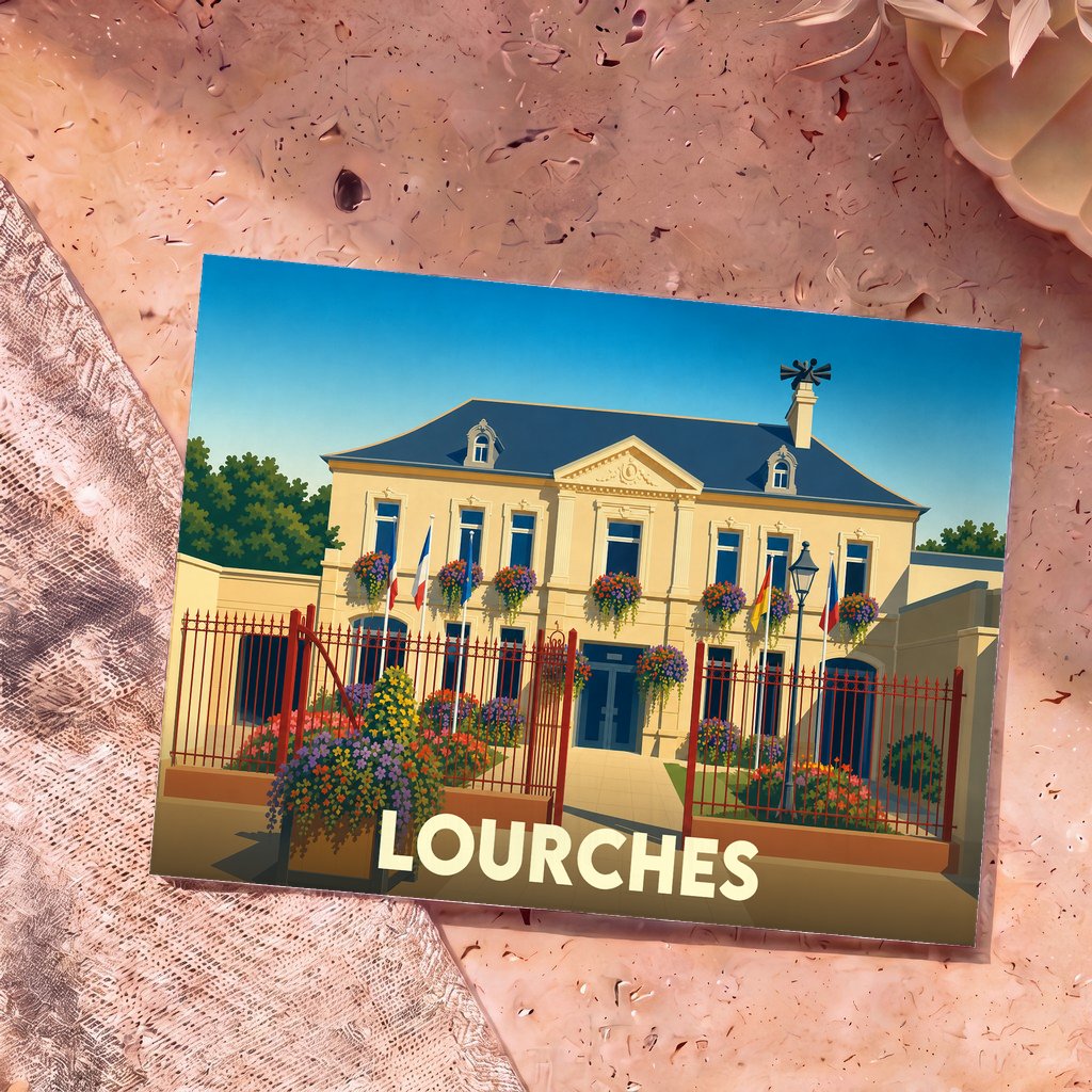 Carte postale souvenir de la ville de Lourches avec une illustration colorée de l'hôtel de ville fleuri.