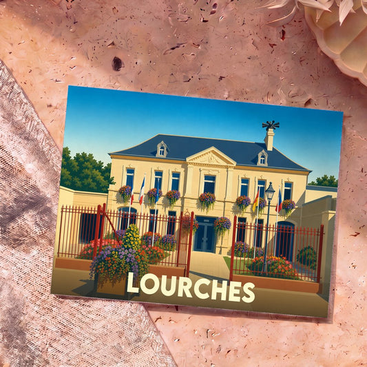 Carte postale souvenir de la ville de Lourches avec une illustration colorée de l'hôtel de ville fleuri.