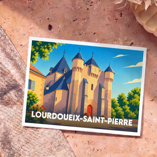 Carte postale souvenir de la ville de Lourdoueix-Saint-Pierre avec une illustration stylisée de son église fortifiée.