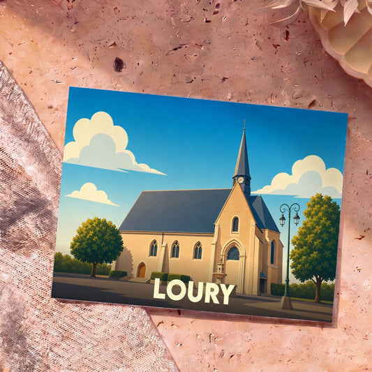 Carte postale souvenir de la ville de Loury avec une illustration stylisée de son église.