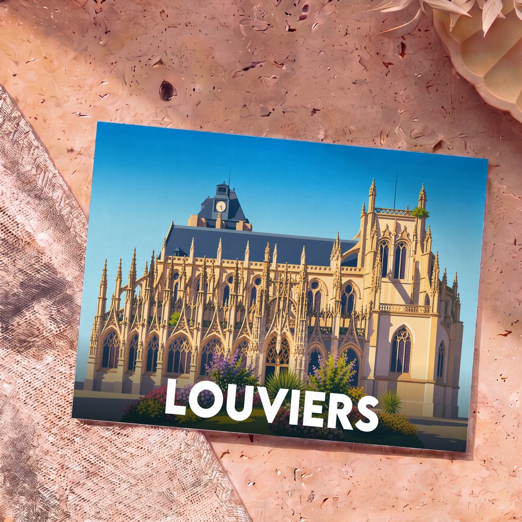 Carte postale souvenir de la ville de Louviers avec une illustration stylisée de son église gothique.