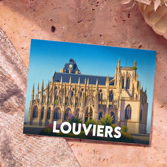 Carte postale souvenir de la ville de Louviers avec une illustration stylisée de son église gothique.