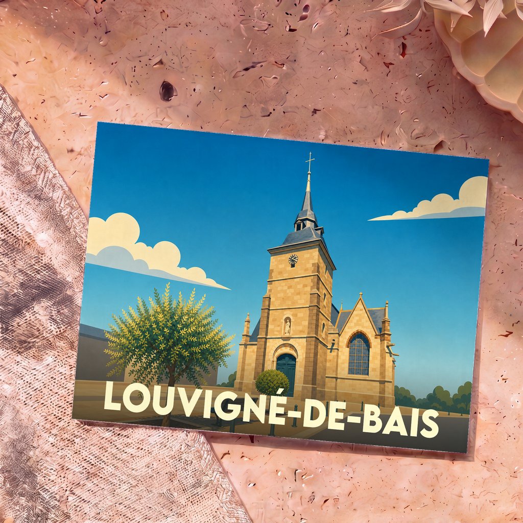 Carte postale souvenir de la ville de Louvigné-de-Bais avec une illustration stylisée de son église.