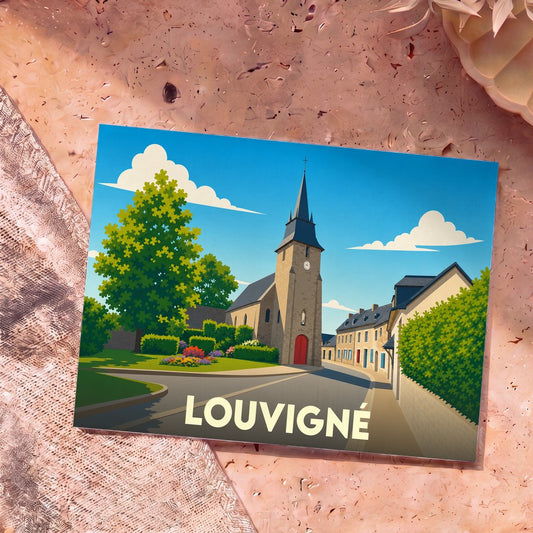Carte postale souvenir de la ville de Louvigné illustrant son église et ses rues dans un style épuré.
