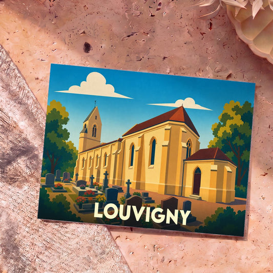 Carte postale souvenir de la ville de Louvigny avec une illustration stylisée de son église et de son cimetière.