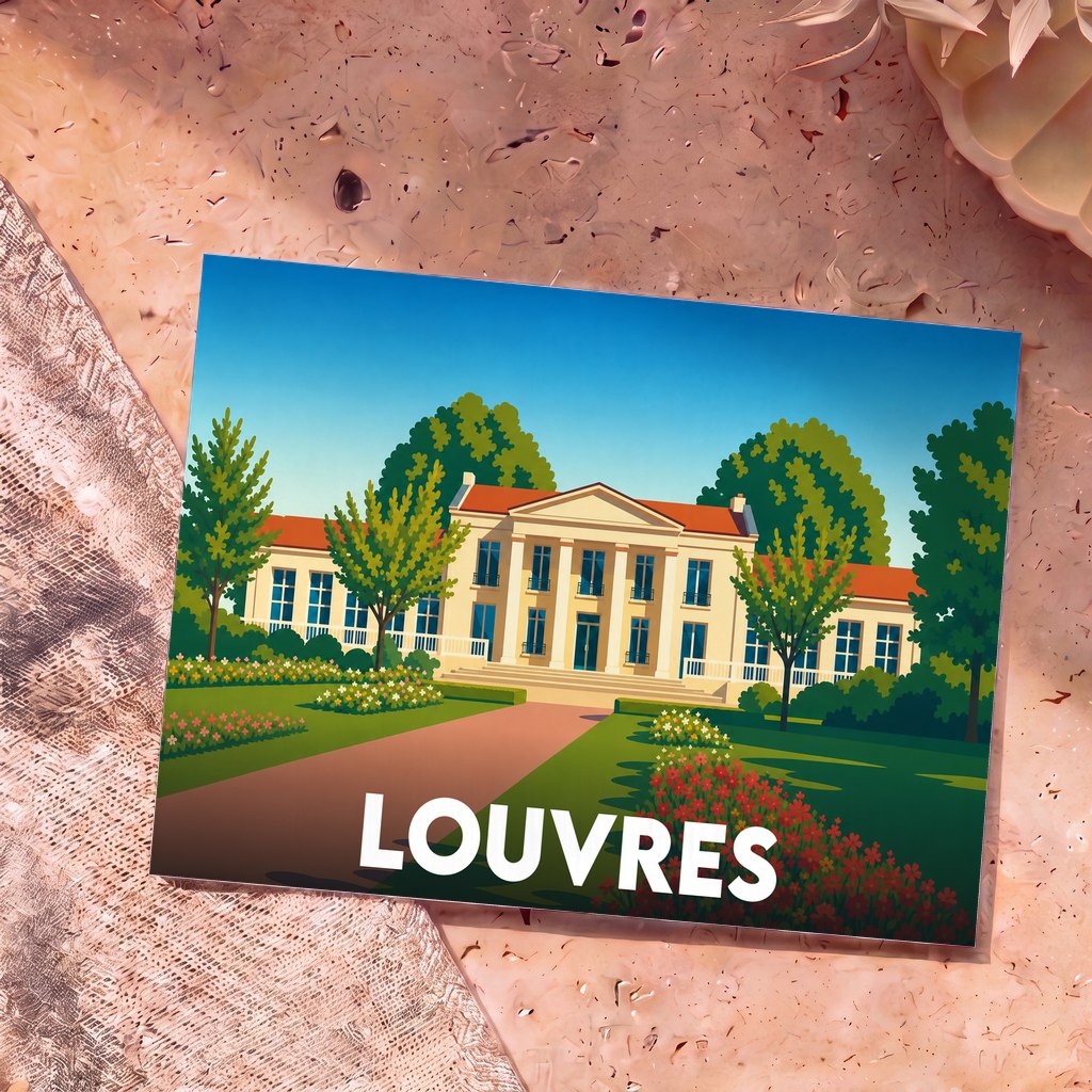 Carte postale souvenir de la ville de Louvres avec l'illustration stylisée d'un domaine arboré.