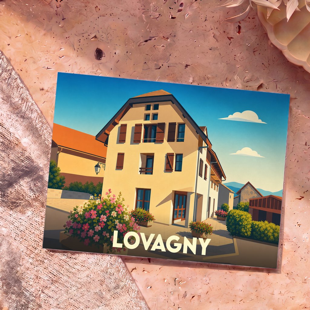 Carte postale souvenir de la ville de Lovagny avec une illustration stylisée d'une maison traditionnelle fleurie.