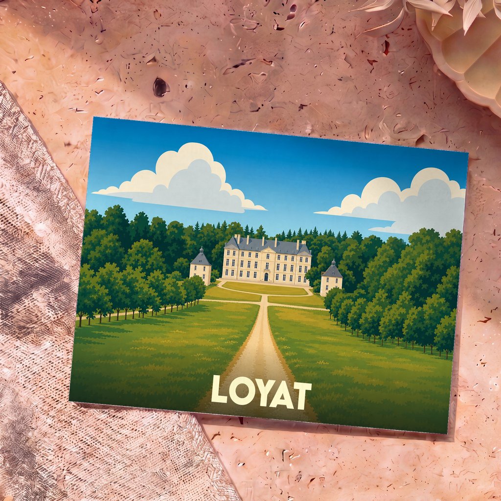 Carte postale souvenir de la ville de Loyat illustrant son château dans un style graphique épuré.
