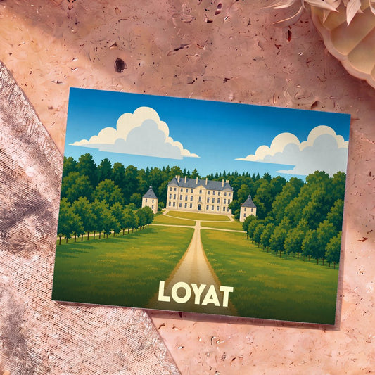 Carte postale souvenir de la ville de Loyat illustrant son château dans un style graphique épuré.
