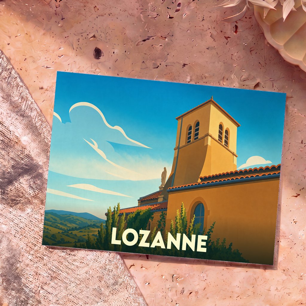 Carte postale souvenir de la ville de Lozanne avec une illustration stylisée de son église surplombant les collines.